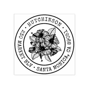 Tropical Hibiscus Round Family Name Return Address Rubber Stamp