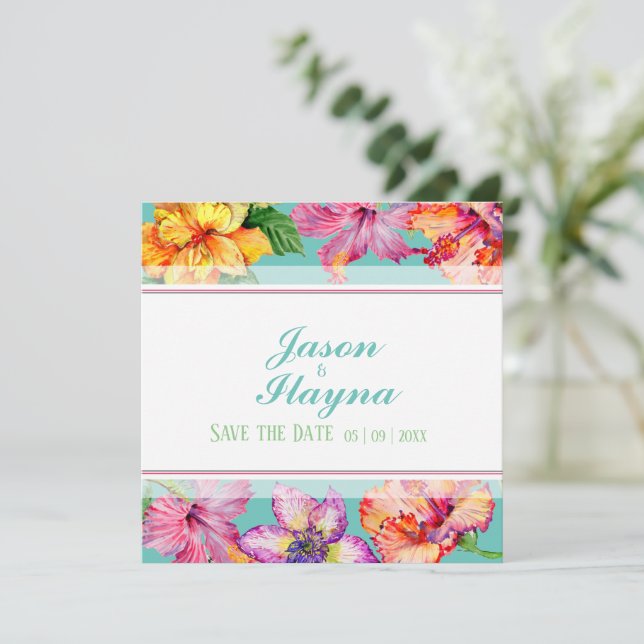 Tropical Hibiscus Save The Date Flat Card (Standing Front)