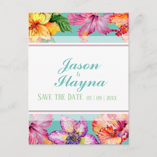 Tropical Hibiscus Save The Date Postcard (Front)