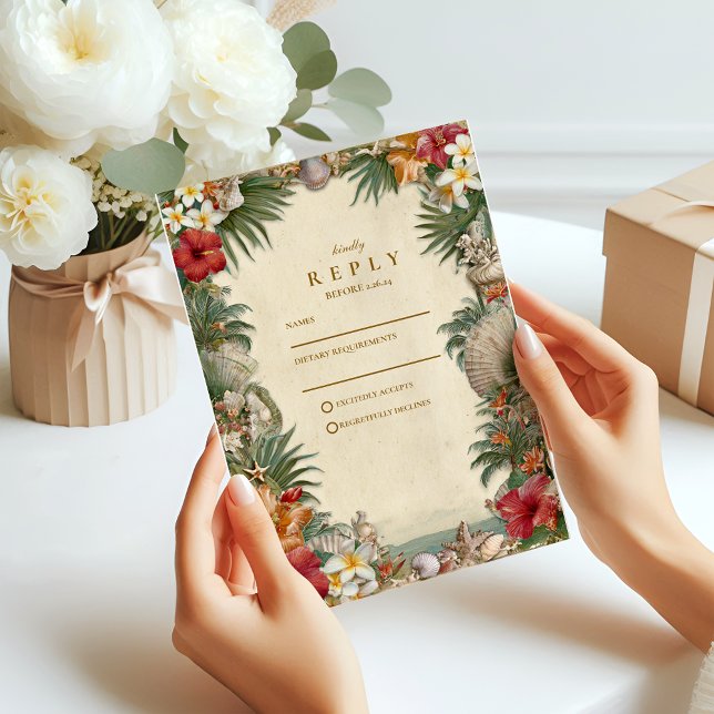 Tropical Hibiscus Seashell Wedding RSVP Card (Creator Uploaded)