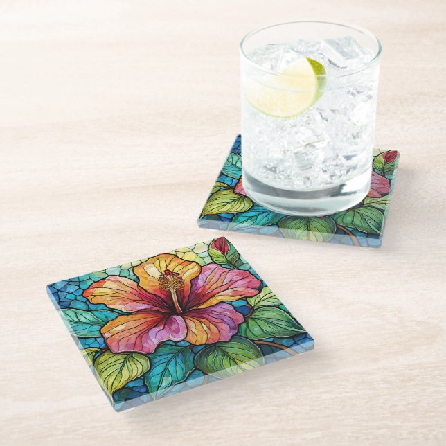 Tropical Hibiscus Stained glass art Glass Coaster (Angled)