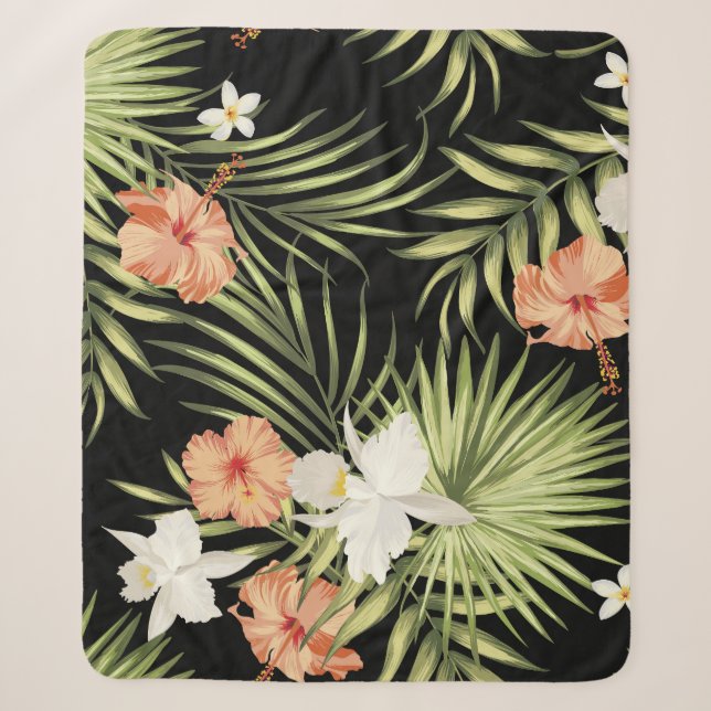 Tropical Hibiscus: Vintage Floral Pattern Sherpa Blanket (Front)
