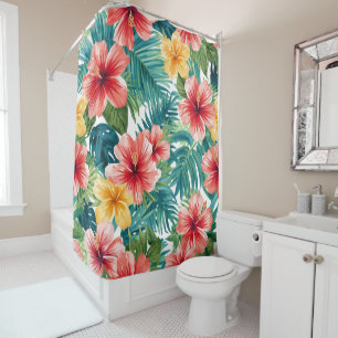 Tropical Hibiscus Watercolor Bright Floral Pattern Shower Curtain