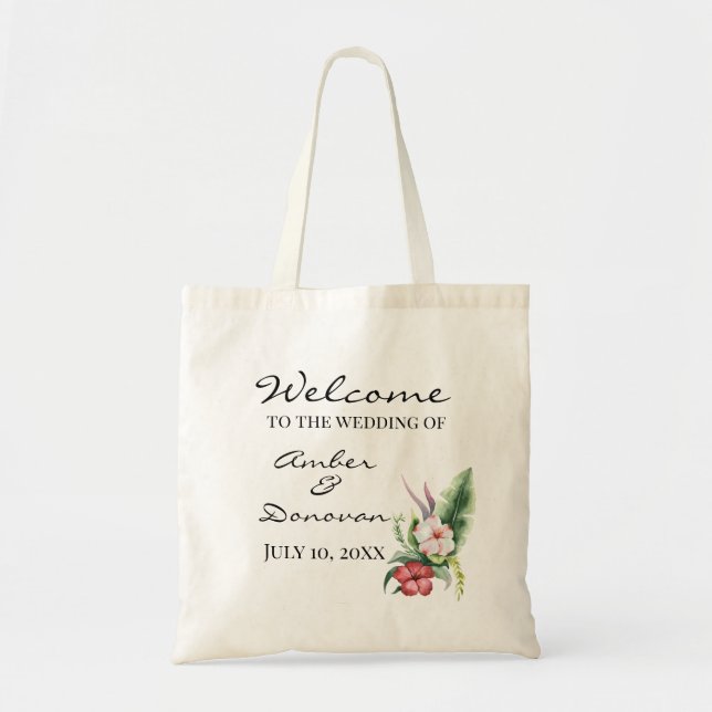 Tropical Hibiscus Watercolor Wedding Welcome Bag (Front)