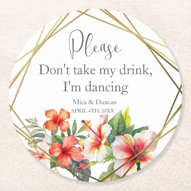 Tropical Hibiscus Wedding  Round Paper Coaster (Front)