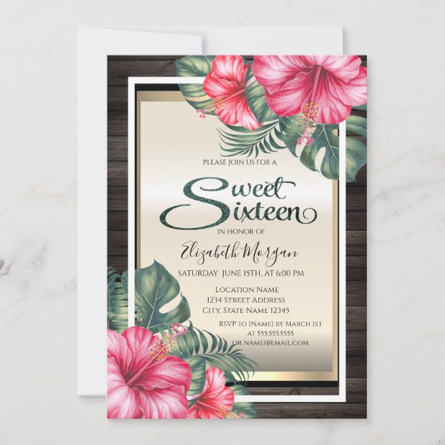 Tropical Hibiscus Wood Sweet 16 Invitation (Front)