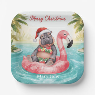 Tropical Hippo Christmas Pool Party   Paper Plate