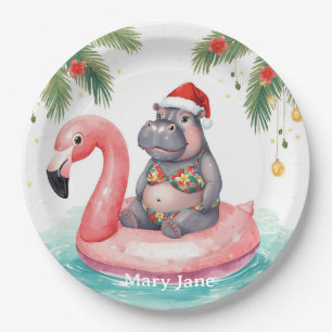 Tropical Hippo Christmas Pool Party Paper Plate