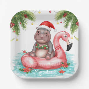 Tropical Hippo Christmas Pool Party Paper Plate