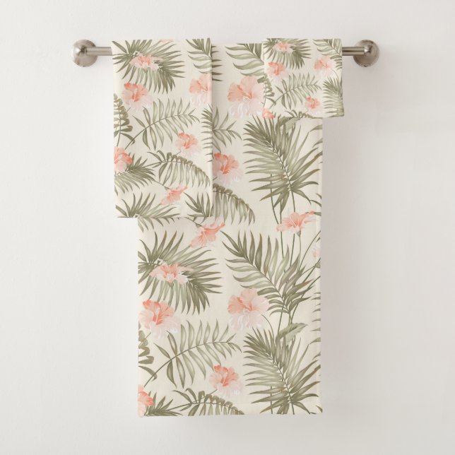 Tropical Hisbiscus Palm Tree Pattern Bath Towel Set (Insitu)