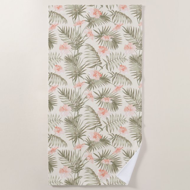 Tropical Hisbiscus Palm Tree Pattern Beach Towel (Front)
