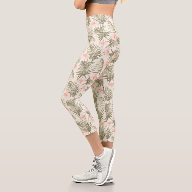 Tropical Hisbiscus Palm Tree Pattern Capri Leggings (Left)