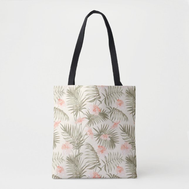 Tropical Hisbiscus Palm Tree Pattern Tote Bag (Front)