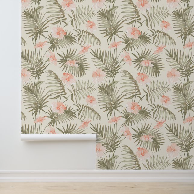 Tropical Hisbiscus Palm Tree Pattern Wallpaper (Application)