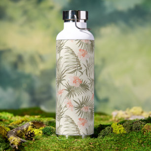 Tropical Hisbiscus Palm Tree Pattern Water Bottle