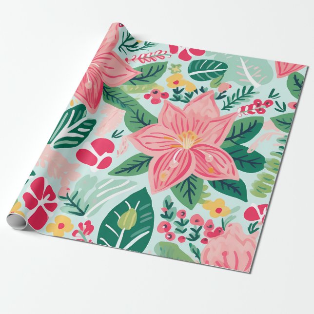 "Tropical Holiday Blooms Pattern" Wrapping Paper (Unrolled)