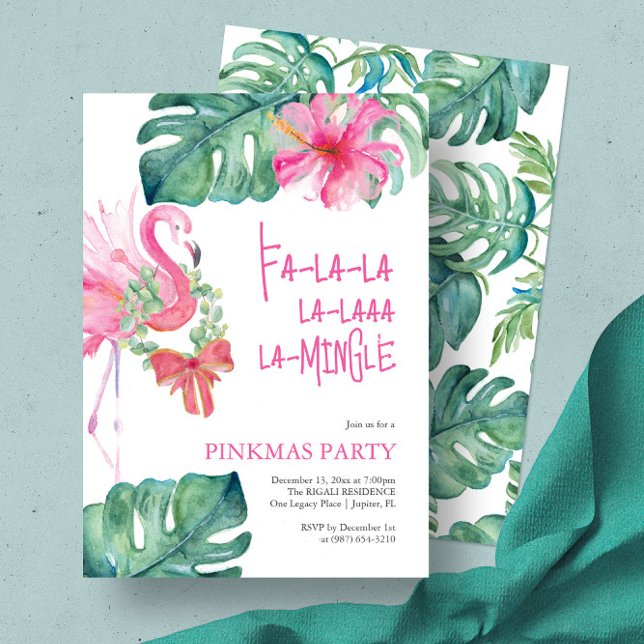 Tropical Holiday Party Watercolor Flamingo Invitation (Christmas invitation with watercolor pink flamingo and palm leaf art by Victoria Grigaliunas pinkmas)