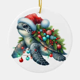 TROPICAL HOLIDAY TURTLE WITH CHRISTMAS LIGHTS CERAMIC TREE DECORATION