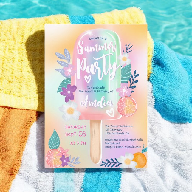 Tropical holographic summer pool party Sweet 16 Invitation (Tropical holographic summer pool party Sweet 16 Invitation)
