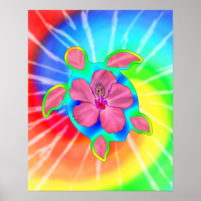 Tropical Honu Turtle and Hibiscus Poster (Front)