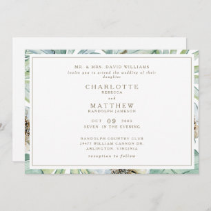 Tropical Horizontal Gold White Wedding Invitation