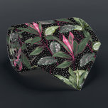 Tropical Hot Pink Flowers and Leaves Dots on Black Tie<br><div class="desc">Make a statement! A modern pattern of hot pink exotic flowers, plants, and dots on black background, this men's neck tie is cool for the office, a night on the town, wedding tie, groom's tie, groomsmen's tie or give as a gift to your husband, dad, brother or best friend. Fabulous...</div>