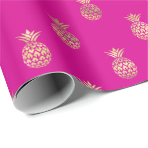 Tropical Hot Pink Gold Pineapple Pattern Wrapping Paper