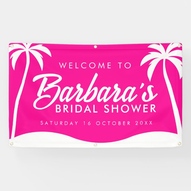 Tropical Hot Pink Palm Beach Party Bridal Shower Banner (Horizontal)