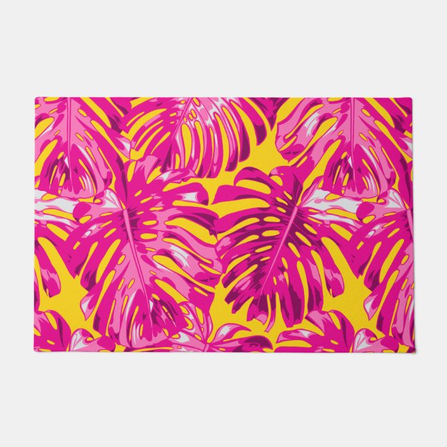 Tropical Hot Pink Yellow Jungle Leaves Pattern Doormat (Front)