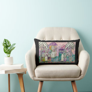 Tropical Houses White Palmtrees Lumbar Cushion