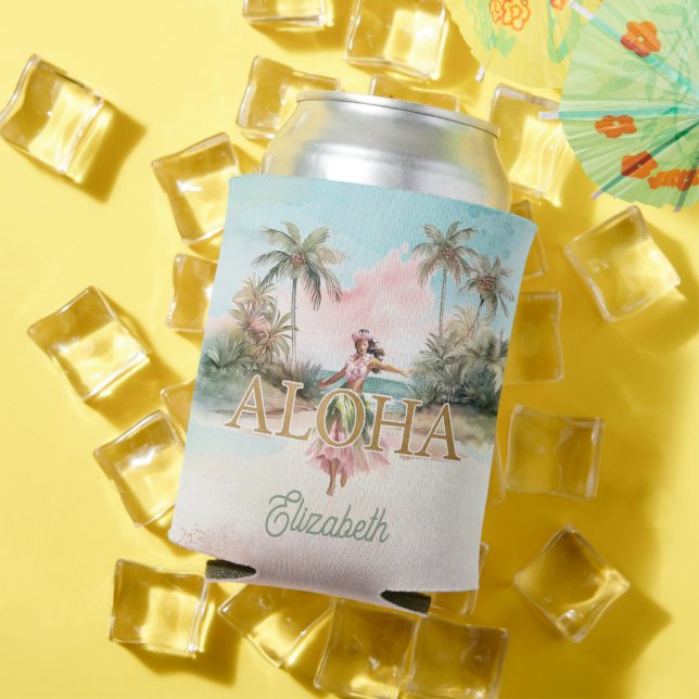 Tropical Hula Girl Aloha Hawaii Custom Can Cooler (In Situ Summer)