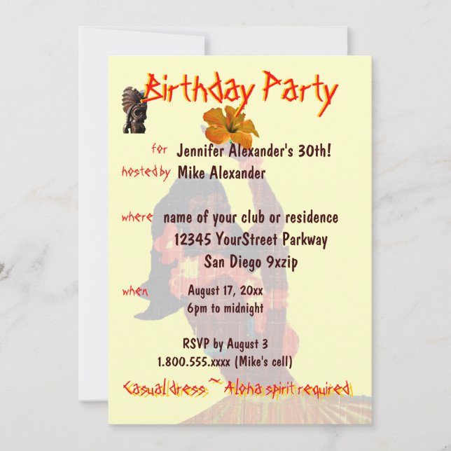 Tropical Hula Girl Birthday Party Invitation (Front)
