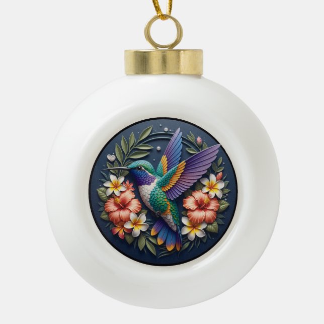 Tropical Hummingbird Ornament – Colorful Floral (Front)