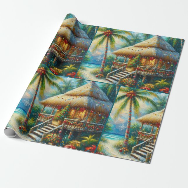 Tropical Hut Christmas Palm Tree Beach Decoupage Wrapping Paper (Unrolled)