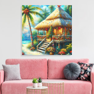 Tropical Hut Christmas Palm Tree Beach Lights  Canvas Print