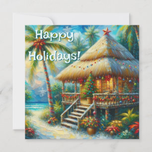 Tropical Hut Christmas Palm Tree Beach Lights Holiday Card