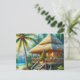 Tropical Hut Christmas Palm Tree Beach Lights  Holiday Postcard