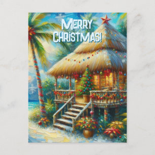 Tropical Hut Christmas Palm Tree Beach Lights Postcard