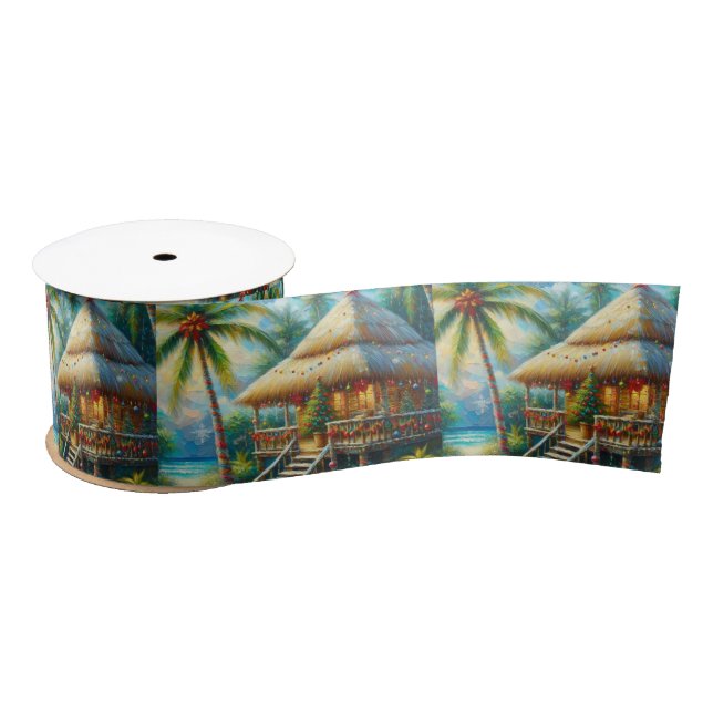 Tropical Hut Christmas Palm Tree Beach Lights  Satin Ribbon (Spool)