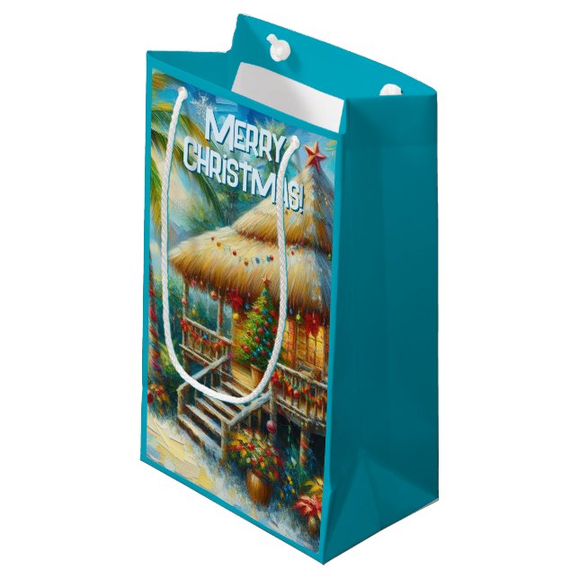 Tropical Hut Christmas Palm Tree Beach Lights  Small Gift Bag (Front Angled)