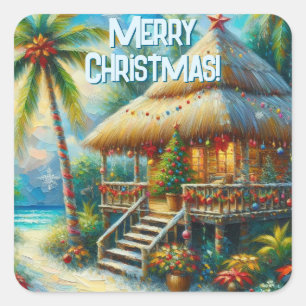 Tropical Hut Christmas Palm Tree Beach Lights Square Sticker