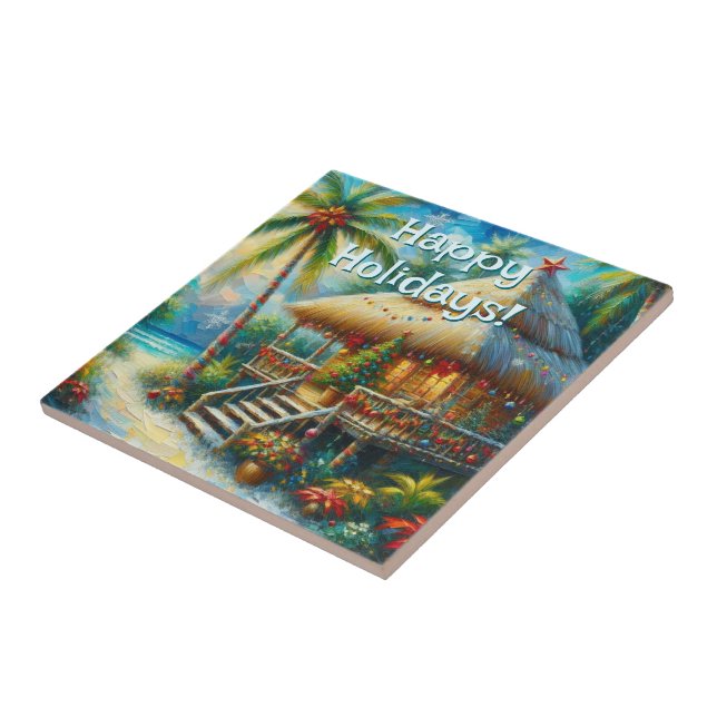 Tropical Hut Christmas Palm Tree Beach Lights  Tile (Side)