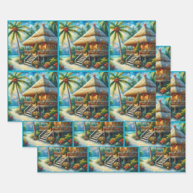 Tropical Hut Christmas Palm Tree Decoupage Wrapping Paper Sheet (Set)