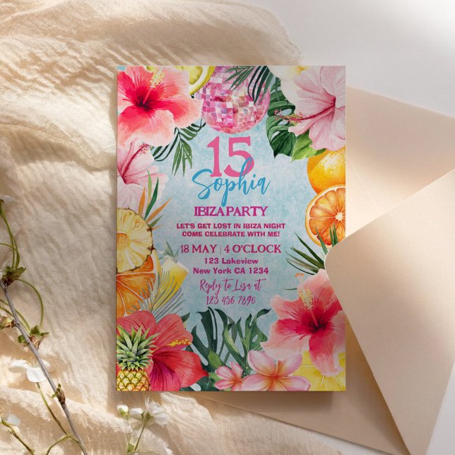 Tropical Ibiza Disco Blue Birthday Invitation (Tropical Ibiza Disco Blue Birthday Invitation)