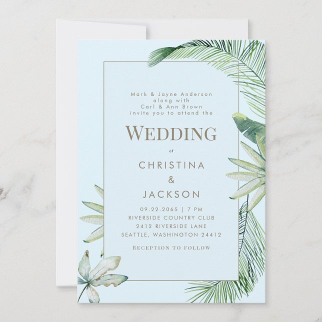 Tropical Icy Blue Greenery Both Parents Wedding Invitation (Front)