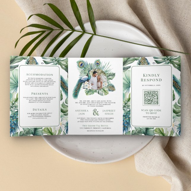 Tropical Indian Peacock Floral All in One Wedding Tri-Fold Invitation (Creator Uploaded)