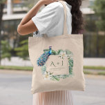 Tropical Indian Peacock Floral Wedding Monogram Tote Bag<br><div class="desc">Peacock theme wedding tote bag featuring a beautiful peacock,  flowers and tropical leaves. Personalise it with your own monogram,  bride and groom's name and wedding date.</div>