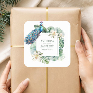Tropical Indian Peacock Floral Wedding Square Sticker