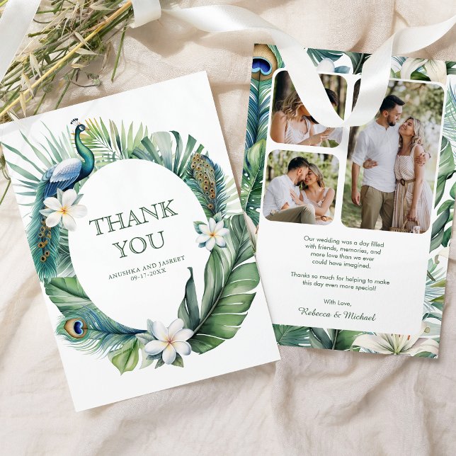 Tropical Indian Peacock Floral Wedding Thank You Card (Creator Uploaded)