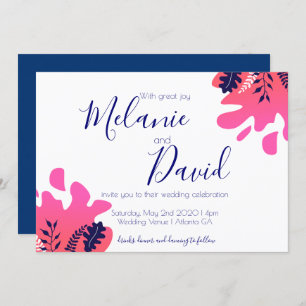 Tropical Inspired Navy Blue Hot Pink Wedding Card